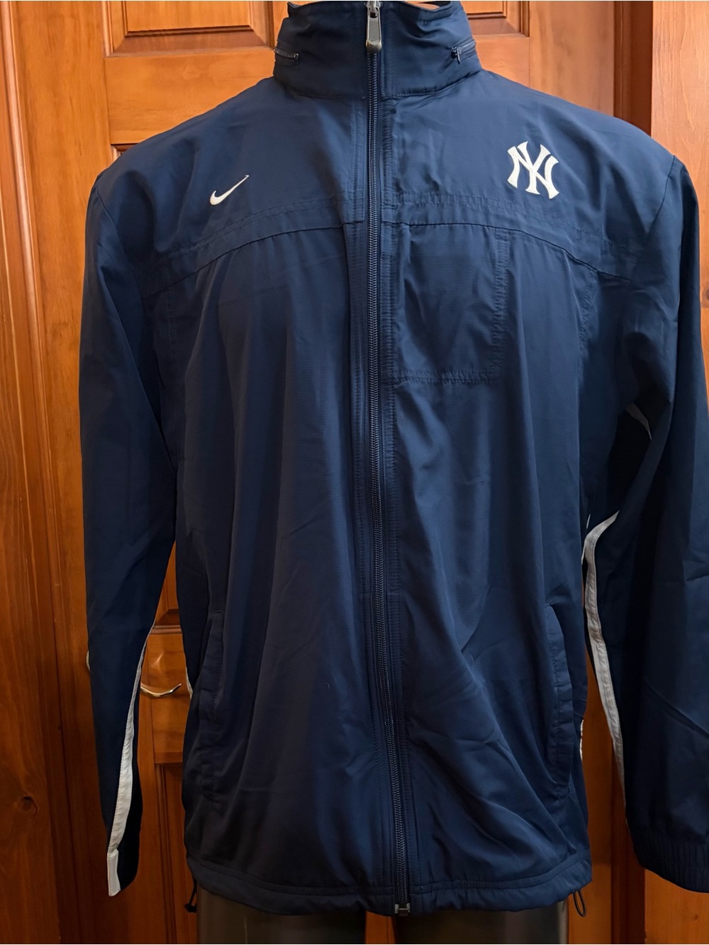 Nike New York Yankees packable Hood MLB Zip Up Jacket Blue White Stripe Trim XL